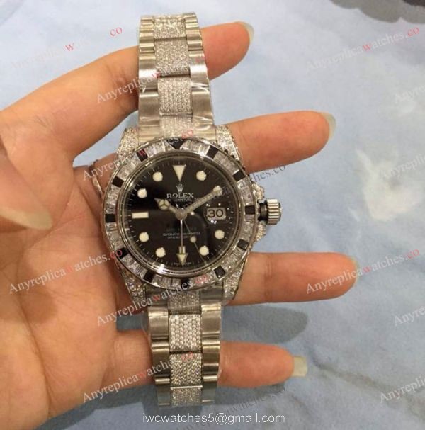 Swiss Replica Rolex GMT Master 2 Rainbow Bezel Black Dial Watch 40mm 6