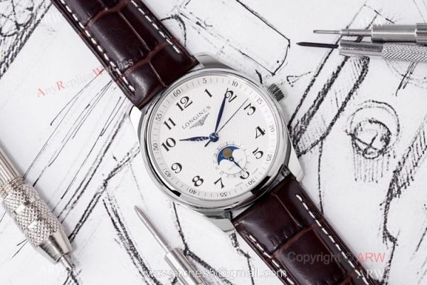 Swiss Grade 1 Longines Master Moon Phase Watch Brown Leather Strap 6