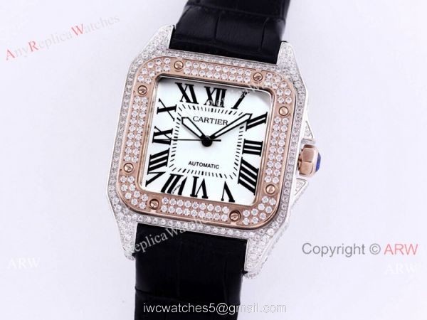 Iced Out Cartier Santos Automatic Watch Replica Two Tone Rose Gold 6