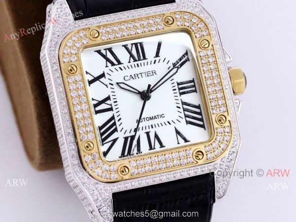 Iced Out Cartier Santos Watch Two Tone Case Automatic Movement 6