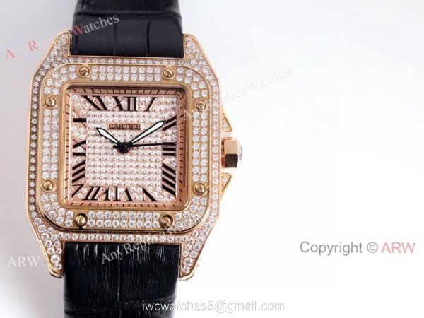 Iced Out Cartier Santos Diamond Watch Automatic Brown Leather Strap 6