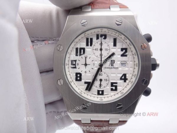 Cheap Audemars Piguet Replica Watches Royal Oak SS White Chronograph Brown Leather Band 6
