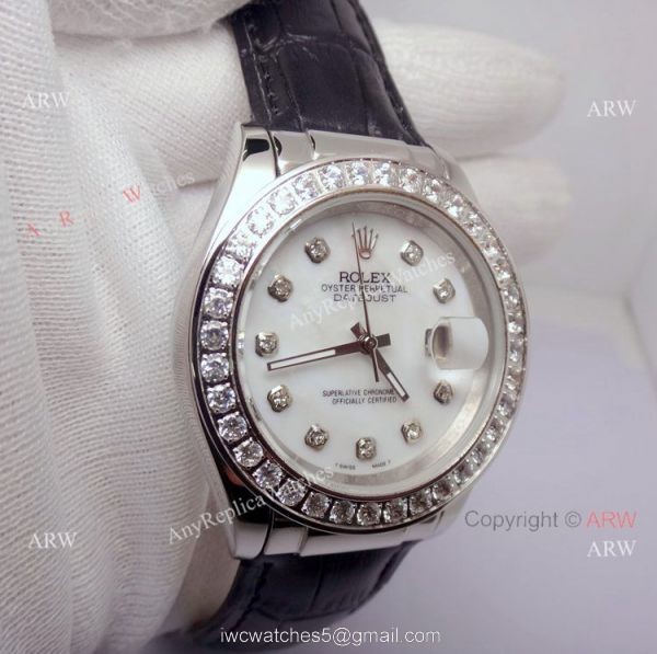 Rolex White MOP Face Diamond Bezel Black Leather Band Watch 6