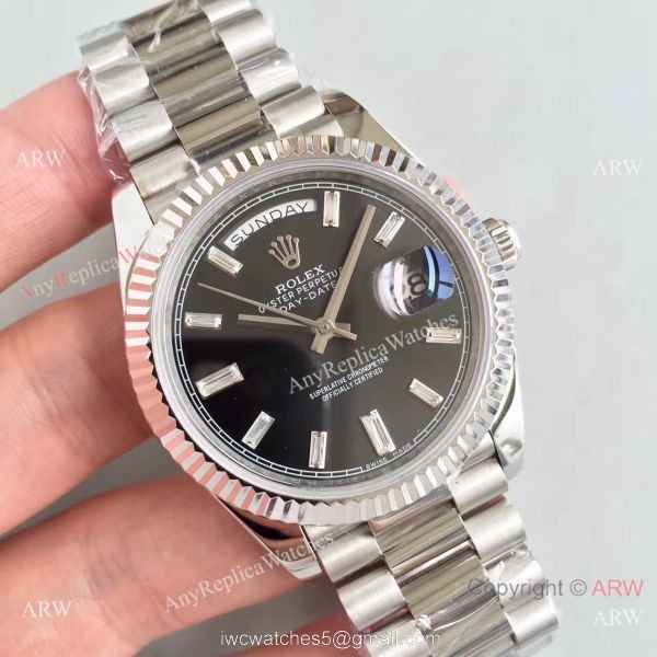 Rolex Day-Date II Watch Replica Stainless Steel Black Face Diamond Markers 6