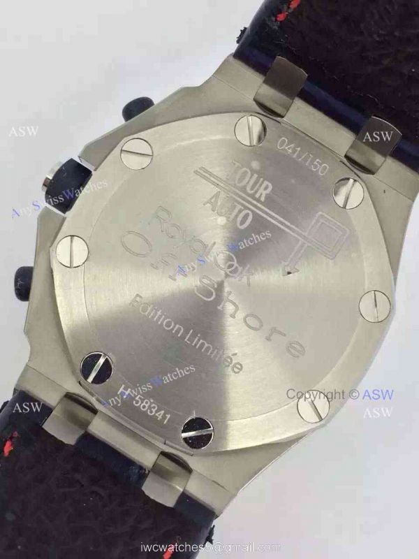 Swiss Audemars Piguet White &038; Blue Chronograph Black Leather Watch 6