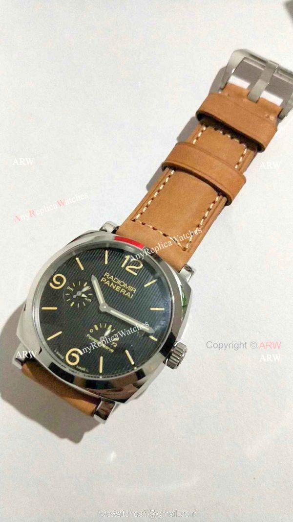 Copy Panerai Radiomir Power Reserve Watch SS Black Stripe Dial with Brown Leather Band 6