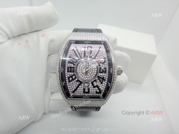 2019 Replica Franck Muller Vanguard Iced Out Full Diamond Watch Silver Case 6
