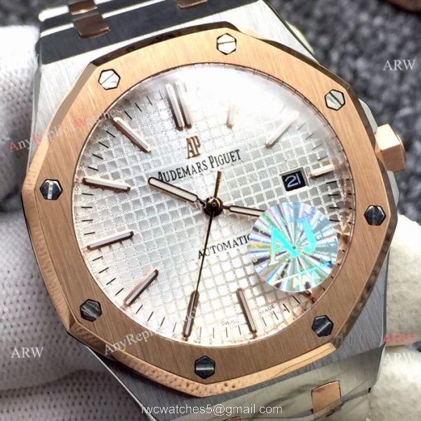 Newest Fake Audemars Piguet Royal Oak Watch Two Tone Rose Gold Silver Dial 6