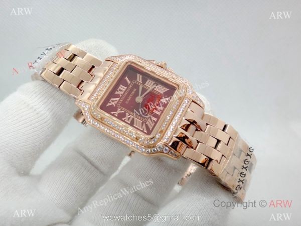Panthere De Cartier Replica Watches Rose Gold Dark Red Dial 6