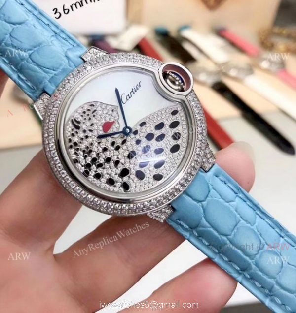 Ballon Bleu de Cartier Replica Watches SS Diamond Leopard Face 6
