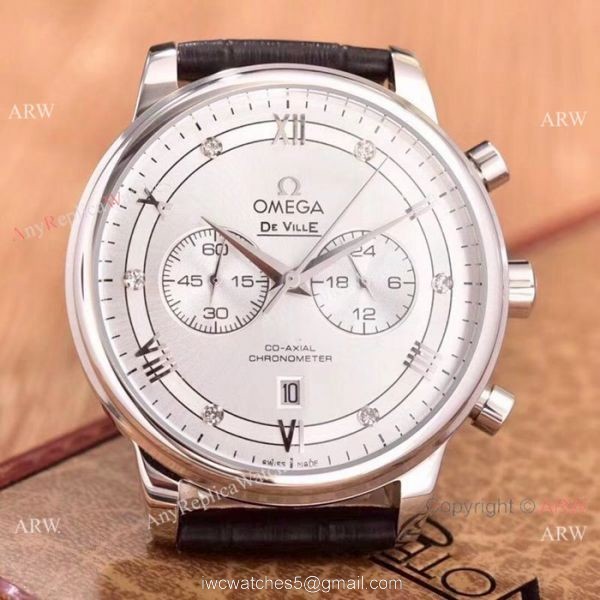 Fake Omega De Ville Chronograph Watches SS Brown Leather Strap 6