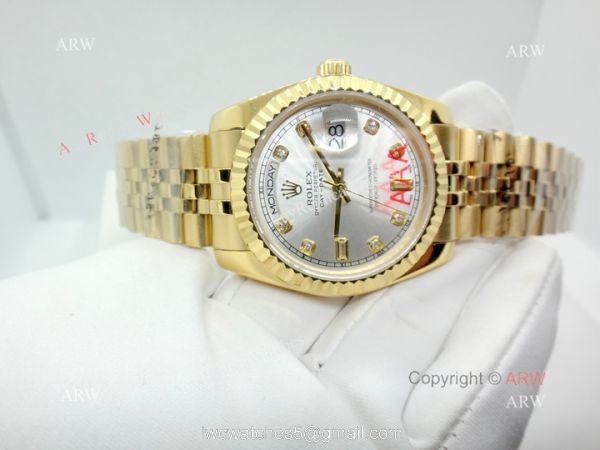 High Quality Replica Diamond Rolex Day Date 34mm Watch Yellow Gold Jubilee Silver Dial 6