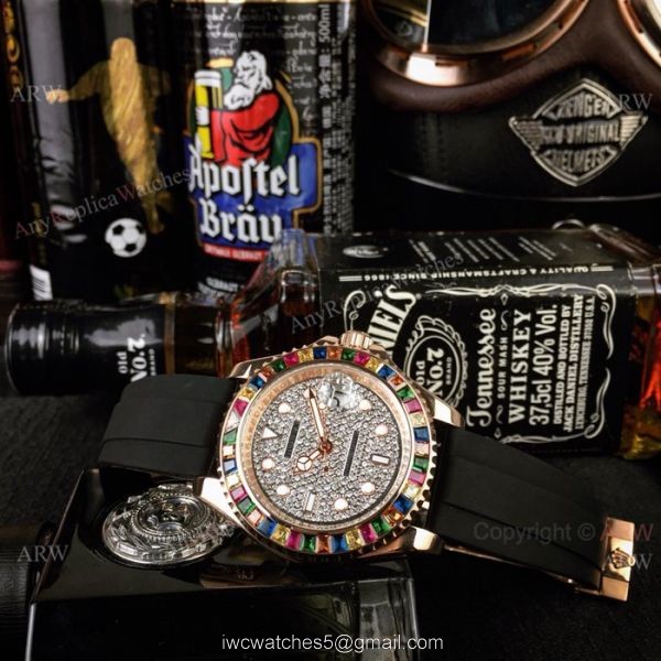 Rolex Yachtmaster Rose Gold Replica Watch Diamond Pave Dial Rainbow Bezel 116695 6