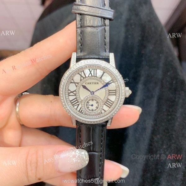 Fashion Cartier Watch Lady Diamond Bezel Black Leather Strap 6