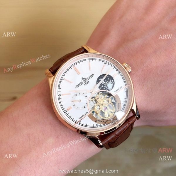 Fake Jaeger LeCoultre Master Tourbillon Moonphase Watch Black Leather Band 6