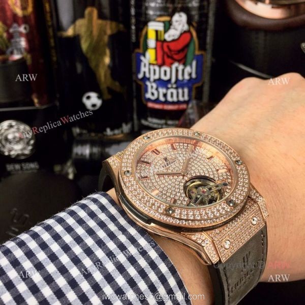 Iced Out Hublot Classic Fusion Watch Replica Rose Gold Gray Gummy Strap 6