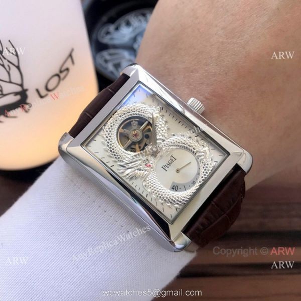 2019 Copy Piaget Black Tie Dragon watches Gold Case Brown Strap 6