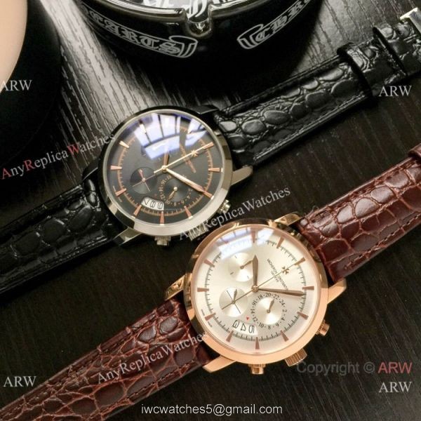Best Copy Vacheron Constantin Chronograph Watch Silver Dial Black Leather strap 6