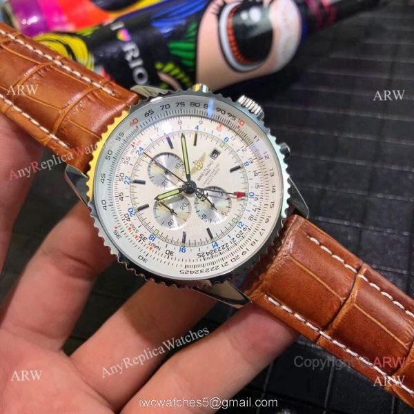Copy Breitling Navitimer world GMT Chrono Watch Blue Dial Blue Leather Strap 6