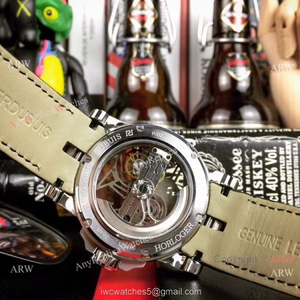 Copy Roger Dubuis Excalibur 46 Skeleton Men Watch SS Black Leather Strap 6