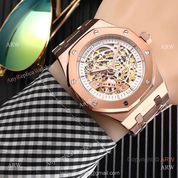High Quality Fake AP Skeleton Royal Oak Rose Gold Black Dial Watch 6