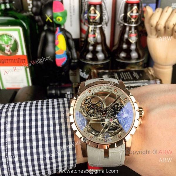 Copy Roger Dubuis Excalibur Flying Tourbillon Watches SS Gray Leather Strap 6