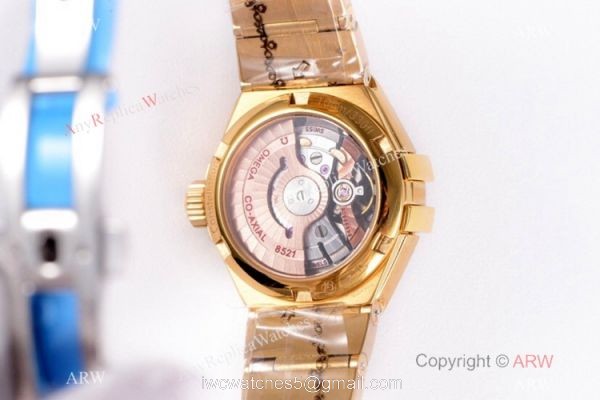 Swiss Replica Omega Constellation 27mm Watch Yellow Gold Pink MOP Dial 6