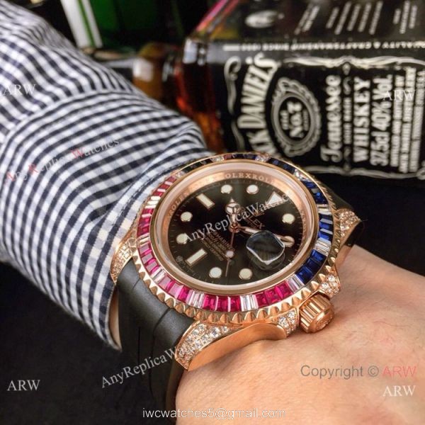 New Rolex Submariner Rose Gold Rubber Strap Watch Rainbow Bezel 6