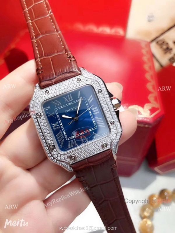 Cartier Santos 100 Diamond Replica Watch SS Diamond Case Blue Leather Strap 6