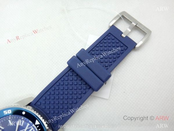 Copy Cartier Calibre De Diver SS Blue Rubber Strap Watch Low Price 6