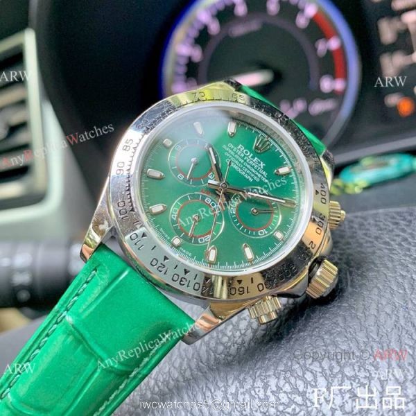 Rolex Daytona 42mm Watch SS Green Dial Green Leather Strap 6