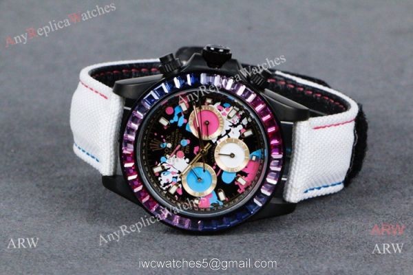Rolex Daytona Rainbow Replica Watch Graffiti Dial White Leather Strap 6