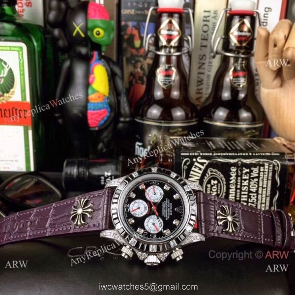 Rolex Daytona Rainbow Replica Automatic Watch Black Dial Purple Leather Strap 6