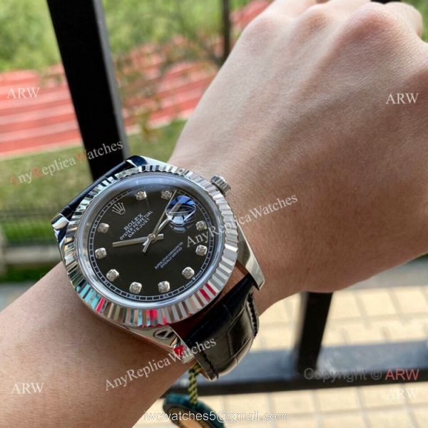 Upgraded Rolex Datejust II Men Watch Black Diamond Dial Leather Band 6