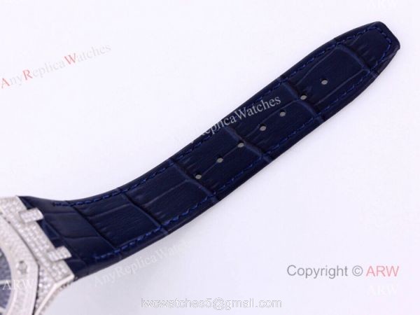 Swiss Replica Iced Out Audemars Piguet Royal Oak Blue Dial Watch Blue Leather Strap 6