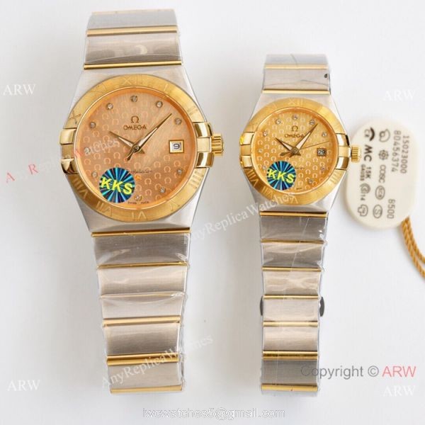 Swiss Quality Omega Double Eagle Couple Watches Copy 2-Tone Champagne Dial 6
