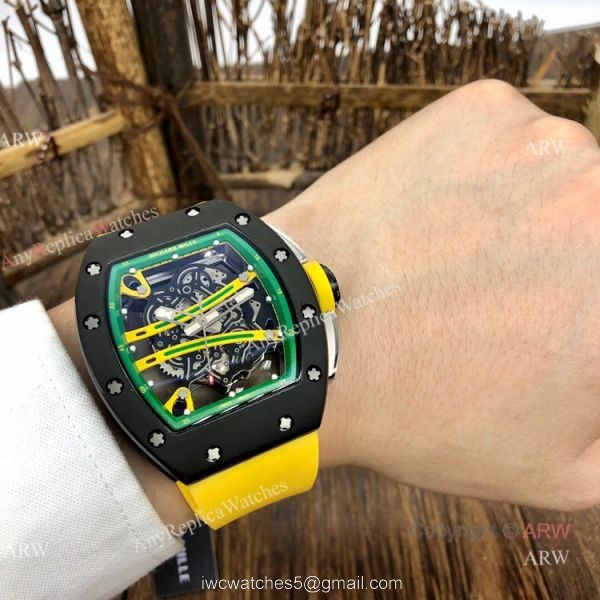 Knockoff Richard Mille Green Skeleton Watch Richard Mille RM 61-01 with Yellow Rubber Strap 6