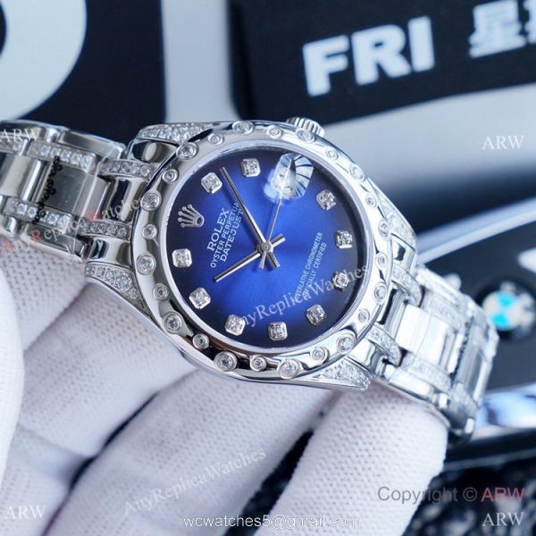 Rolex Lady Masterpiece Stainless Steel Blue Diamond Dial Watches 34mm Clone Rolex Datejust Watch 6