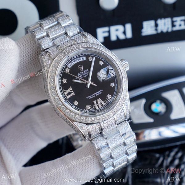 Replica Rolex Day Date II Watches Stainless Steel Iced Out Diamond Case 6