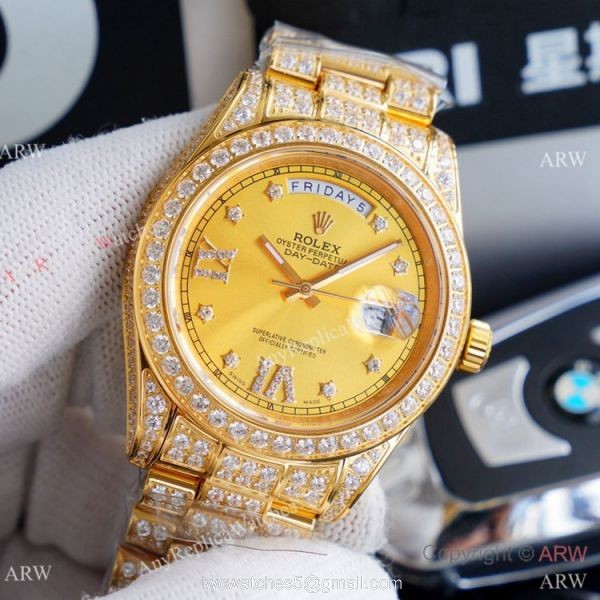 Replica Rolex Day Date II Watches Gold Iced Out Diamond Silver Dial 6