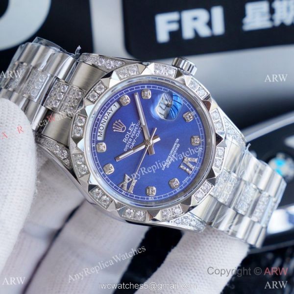 High Quality Replica Rolex Day Date II Iced Out Silver Dial Watches 41mm 6