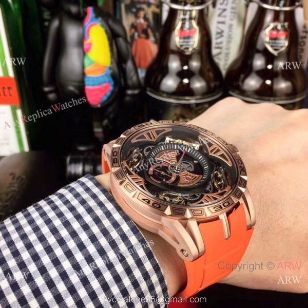 Copy Roger Dubuis Excalibur Quatuor Men Watches Red Rubber Strap Rose Gold Case 6