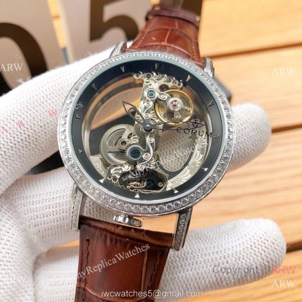 Copy Corum Bridge Transparent Dial Corum Watch Diamond Bezel Rose Gold 6