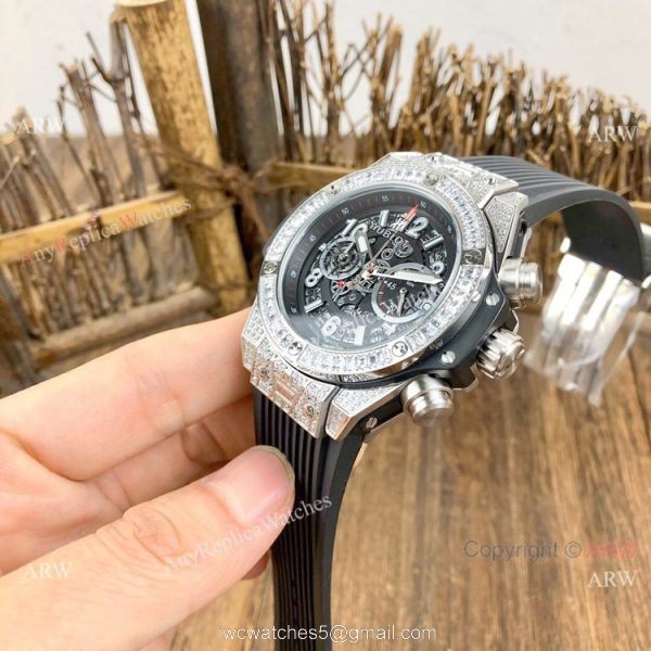 Best Quality Hublot Big Bang Unico Sapphire Iced Out Watches Blue Rubber Strap 6