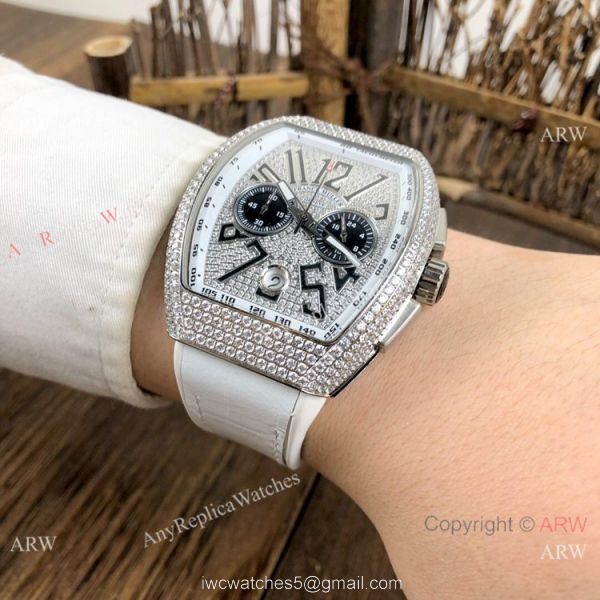Copy Franck Muller Vanguard Chronograph Iced Out Watches Blue Gummy Strap 6