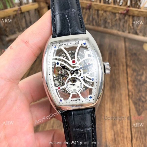 Knockoff Franck Muller Cintree Curvex Skeleton Watches SS Diamond Brown Leather Strap 6