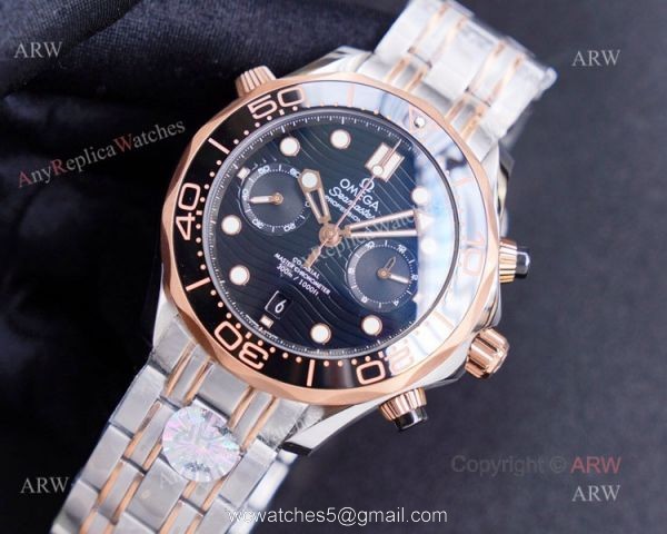 (TW)Swiss Copy Omega Seamaster 300m Two Tone Chronograph Watch with Black Wave Dial 6