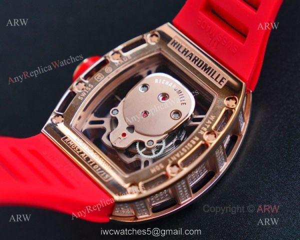 Rose Gold Richard Mille RM 052 Skull Replica Watch With Red Rubber Strap 6