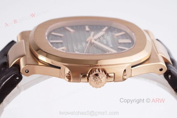 Swiss Patek Philippe Nautilus Rose Gold Grey Dial Brown Leather Strap Replica Watch 6