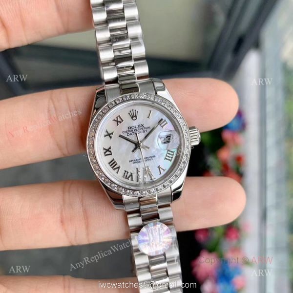 Swiss Quality Ladies Rolex Datejust 28mm White Mop Dial Diamond Bezel Replica Watch 6